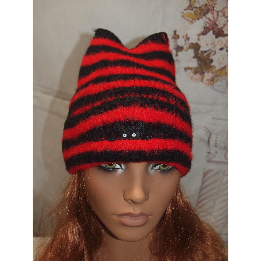 Cat Ear Beanie Hat Cute Cat Knitted Hat Knit Black & Red Cuff Peeking Cat